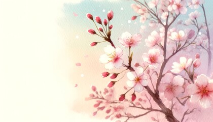 A blooming cherry blossom tree with delicate pinks and whites against a clear sky, rendered in watercolor style.