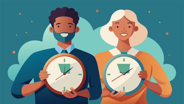 A couple holds two clocks each displaying a different time zone but their smiles show that they have mastered the art of making the most out of
