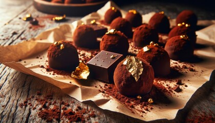 A close-up of chocolate truffles dusted with cocoa powder and sprinkled with edible gold leaf, arranged on parchment paper over a vintage wooden table. - obrazy, fototapety, plakaty