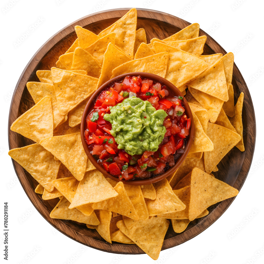 Wall mural mexican nachos chips with guacamole, salsa and cheese dip on wooden plate isolated on transparent ba