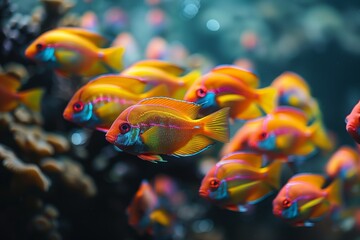 School of colorful tropical fish in coral