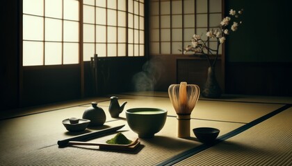 A traditional Japanese tea ceremony setup with matcha tea and a bamboo whisk, on a tatami mat floor.