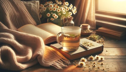 A clear glass mug of chamomile tea with a book opened next to it and a soft, cozy blanket draped over the arm of a chair.