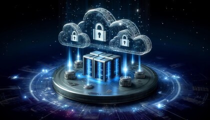 A 3D illustration of a secure cloud storage facility floating in cyberspace, guarded by advanced locking mechanisms.