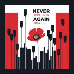 Never again. 8 may. World War II Remembrance Day. Day of Remembrance and Victory over Nazism in World War II 1939 – 1945. Vector - obrazy, fototapety, plakaty