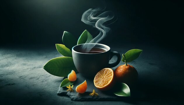 A steaming cup of earl grey tea with a few bergamot oranges and their leaves tastefully arranged on a dark slate countertop.