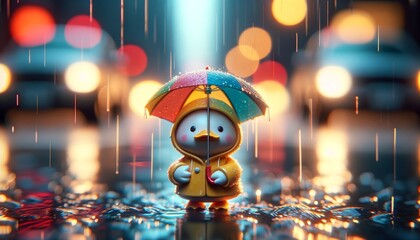A stylized duckling holding a small, colorful umbrella as raindrops continue to fall around it, reflecting the city lights.