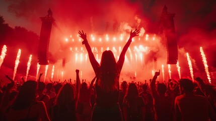 Concert crowd with colorful stage lights and confetti, Rhythmic Revelry: Captivating Cinematic Still of a Music Festival - obrazy, fototapety, plakaty
