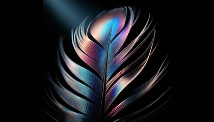 A close-up of a feather with an iridescent sheen that reflects a gradient from blue to purple to pink.