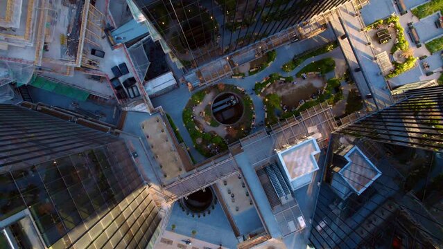 Top down drone shot rotating above the Mirador MUT, sunset in Santiago de Chile