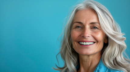 Frau Mitte 50 lächelnd vor blauen Hintergrund, KI generiert - obrazy, fototapety, plakaty