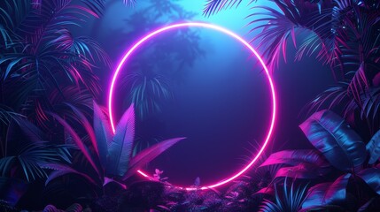 Fototapeta na wymiar A 3D illustration featuring a glowing neon circle with tropical leaves