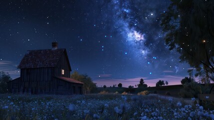 Starry Night Rural Escape: A Peaceful 3D Modeled Landscape Under the Cosmos