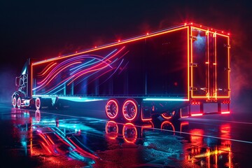 A large semi truck brightly illuminated in the darkness of night, showcasing its size and presence on the road
