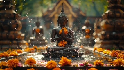 The traditional side of Songkran as locals gather to pour water over Buddha statues, symbolizing purification and blessings for the new year.