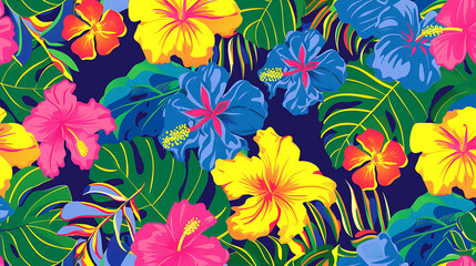 Fototapeta na wymiar Hawaii Vibrant Aloha colorful pattern with foliage and bright vibrant sunset. enerative ai
