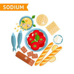Set of different foods that contain sodium, used for info graphics, design template