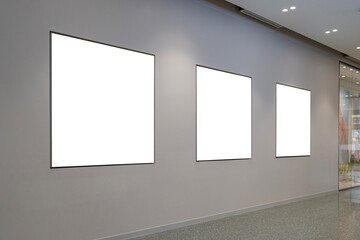 Mock up of blank  billboard and showcase window in shopping mall interior, empty space for advertising graphic design.