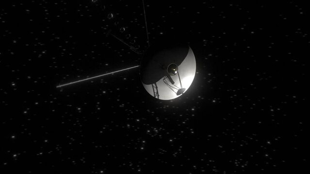 High quality and very detailed orbiting shot of the space probe Voyager 1 as spinning its way through the cosmos, in deep space on its mission 20 billion km from Earth