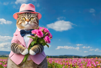 素敵な人に会いに行くのかな？花束を持ち、ピンクの帽子を被って蝶ネクタイをした可愛い猫の紳士と青空 - obrazy, fototapety, plakaty