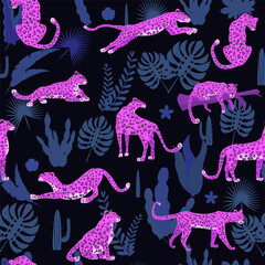 Leopard pink seamless pattern with tropical leaves