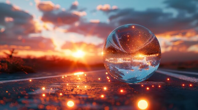 A Christmas-themed 3D vector illustration of a glass ball reflecting a scenic road during sunset