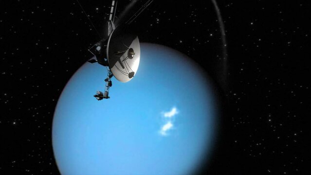High quality and very detailed CGI render of a slow smooth orbit shot of the probe Voyager 2 as it passes the planet Uranus which can be seen in the background with its vivid rings