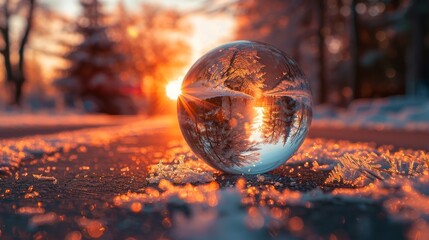 Fototapeta na wymiar A Christmas glass globe with a blurred reflection of a road at sunset
