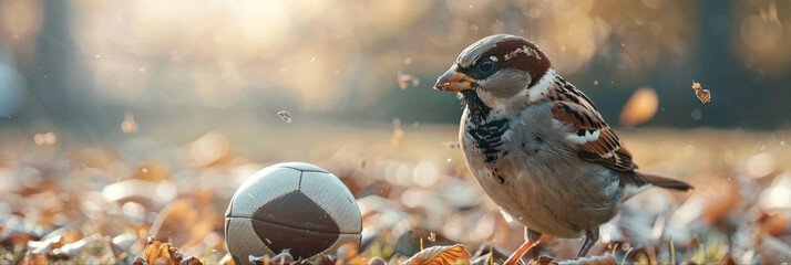a Sparrow playing with football beautiful animal photography like living creature