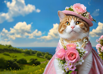 素敵な人に会いに行くのかな？花束を持ち、ピンクの帽子を被ってドレスを着たをした可愛い猫の婦人と青空 - obrazy, fototapety, plakaty