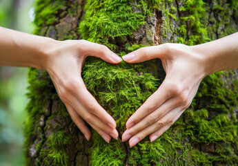 close up of hands making a heart shape on a mossy tree trunk, symbolizing love for nature and environmental protection