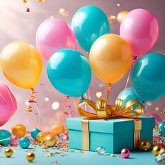 studio-background-with-balloons-pretty-shaped-gift-box-around-sparkling-effect-realismcute-style.Generative AI
