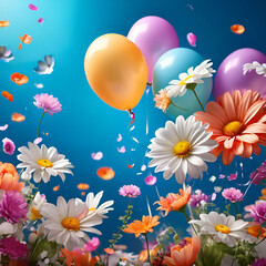 a-studio-background-with-balloons-pretty-daisy-flowers-and-petals-spread-around-it-realismcute.Generative AI