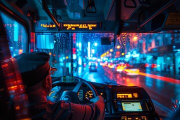 Neon-lit urban scene from bus driver's perspective
