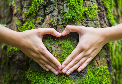 closeup of hands making a heart shape on a mossy tree trunk, symbolizing love for nature and environmental protection
