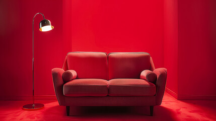 The scene of a home, the prospects are modern designer sofas, lights ... red solid color background, minimalist atmosphere