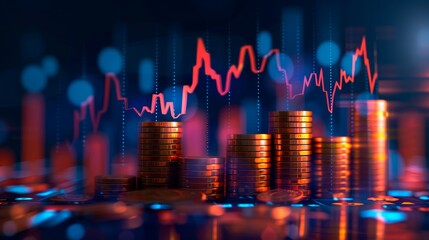 A dynamic illustration featuring stacks of coins, a stock market graph, and an upward arrow - obrazy, fototapety, plakaty