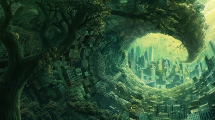 A fantastical image of a spiral green world, containing a cityscape inside an eggshell - obrazy, fototapety, plakaty