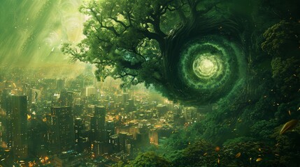 A fantastical image of a spiral green world, containing a cityscape inside an eggshell