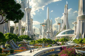 Future Utopia Complete with towers and lush green parks.