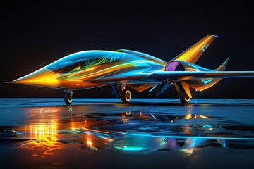 A vibrant airplane with multiple colors is soaring above a reflective body of water - obrazy, fototapety, plakaty