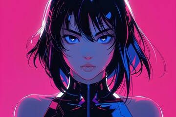 an anime-style illustration of character with neon blue and pink color, featuring a female femme fatal in front view, wearing black sportswear in the style of cyberpunk. futuristic vibe. generative AI