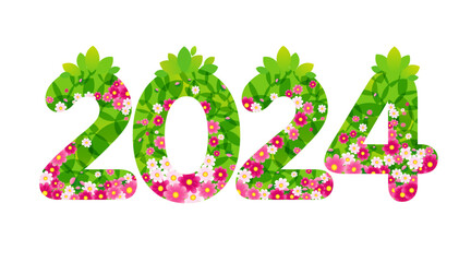 2024 floral concept. Special offer symbol. Background with clipping mask. Creative design with green leaves and pink flowers. Beautiful greeting card. Postcard template. Gift card with 3D elements.