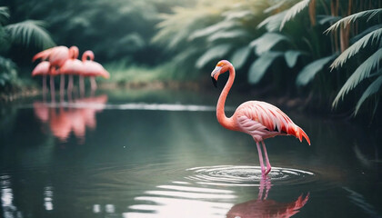 Pink flamingo wearing summer. Summer background. Generative ai
