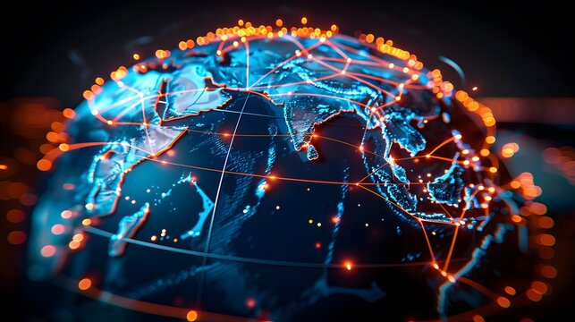 Concept of global network and advanced connectivity on Earth, centered interactive digital world globe, efficient data transfer and cyber technology, international telecommunication and information ex