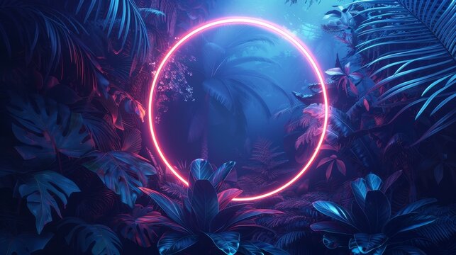 A neon circle glowing amidst a cluster of tropical leaves in a dark, blue jungle setting