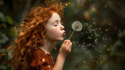 Curly red-haired girl in nature, blowing a dandelion with seeds dispersing.