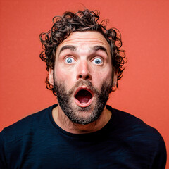 Surprised Man.  Generated Image.  A digital rendering of a very surprised young man with a solid color background.