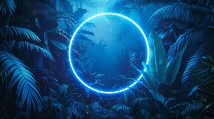 A neon circle surrounded by tropical leaves, creating a mystical aura in the dark, blue jungle - obrazy, fototapety, plakaty