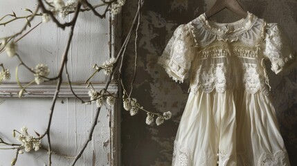 Antique lace dress hanging near a window with delicate spring blossoms, evoking nostalgia and elegance.